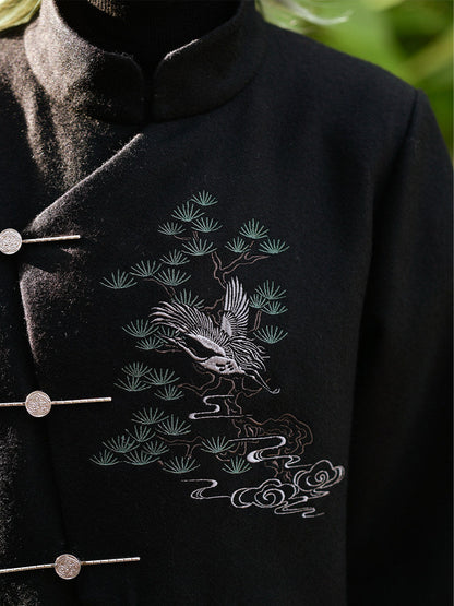 New Chinese Style Embroidery Tweed Coat - Songhe 松鹤