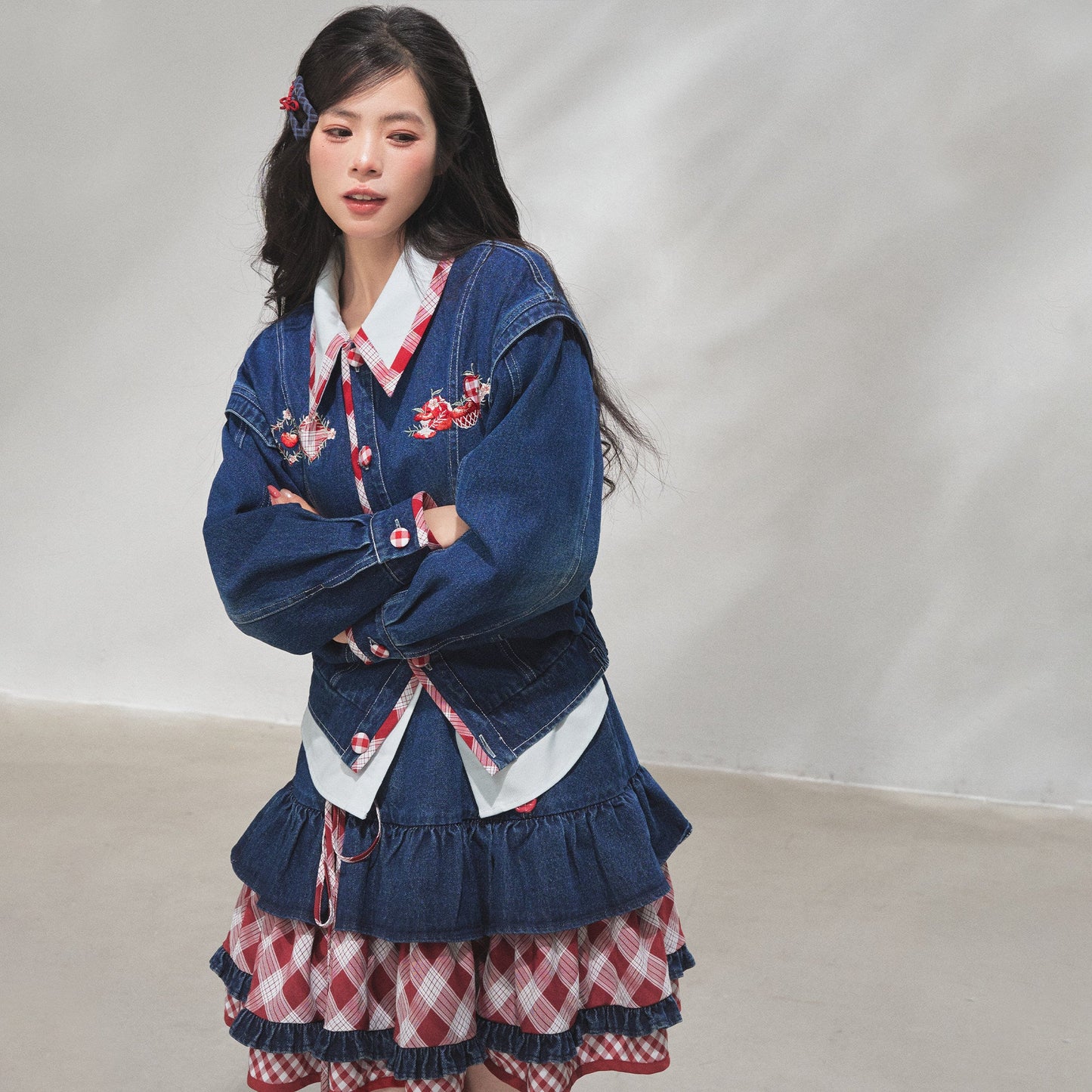 Modern Hanfu Denim Jacket, Trousers & Chinese Style Denim Skirt 苹果园