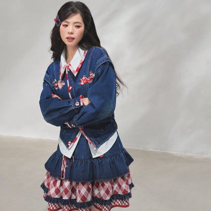 Modern Hanfu Denim Jacket, Trousers & Chinese Style Denim Skirt 苹果园