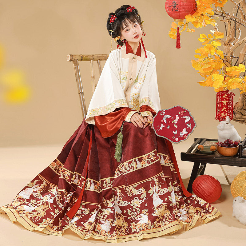 Ming Dynasty Embroidered Square Collar Jacket & Printed Mamian Skirt | Money Rabbit 钱兔
