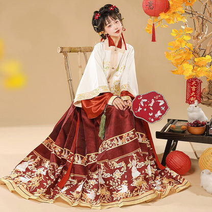Ming Dynasty Embroidered Square Collar Jacket & Printed Mamian Skirt | Money Rabbit 钱兔
