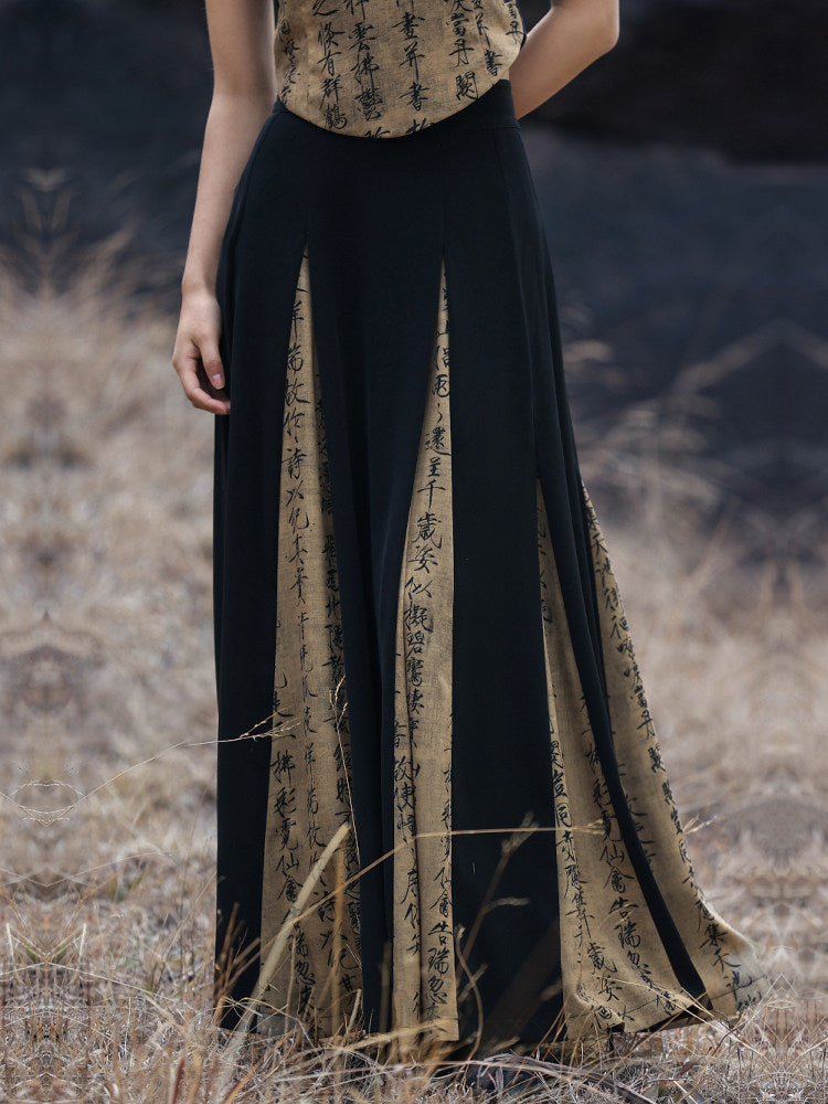 New Chinese Style Retro Contrast Calligraphy Print A-Line Skirt