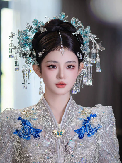 Ocean Petals - Blue Floral Tassel Bridal Hairpin New Chinese Wedding Hair Accessories for Xiuhe, Hanfu, and Cheongsam Bride
