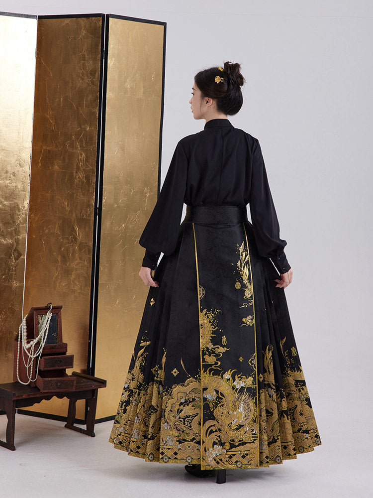 Ming Dynasty Modern Long Sleeve Top and Mamianqun - Midnight Longyin 龙吟夜