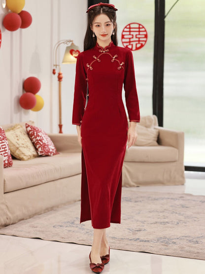 Chinese Wedding Engagement & Tea Ceremony Long Sleeve Cheongsam | Lovely Rose