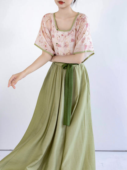 Song Dynasty Modern Hanfu Tencel Cardigan and Elastic Skirt - Four Seasons 四时春 (Preorder)
