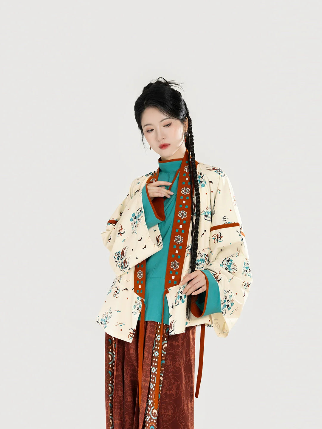 Jin Dynasty Dunhuang Style Women Hanfu Cross Collar Top, Curved Collar Top & Wide Leg Pants - Wall View 壁相观 (Preorder)