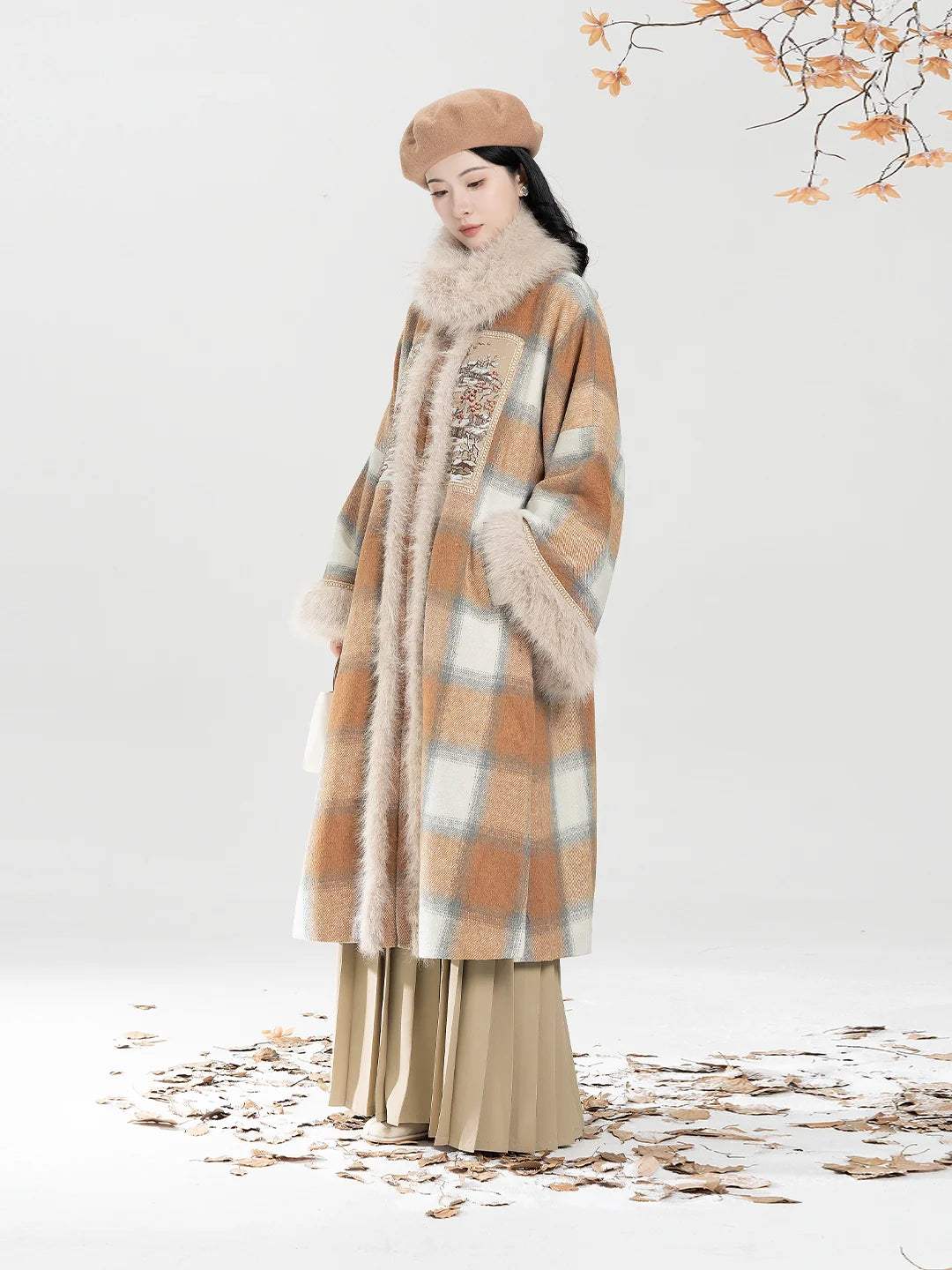 New Chinese Style Women Round-Neck Coat and Pleated Skirt - Evening Breeze and Snow 晚风欲雪 (Preorder)