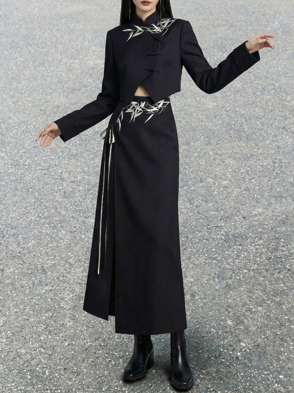 New Chinese Style Black Bamboo Leaf Print with Irregular Hem Crop Suit and Slit Skirt (Preorder)