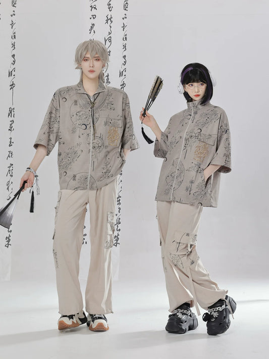 Sand Dunes - New Chinese Style Zipper Short Sleeve Shirt Overalls Cargo Pants