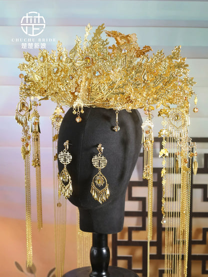 Champagne Empress - Luxurious Gold Phoenix Bridal Crown Full Headpiece for Hanfu Wedding Outfit