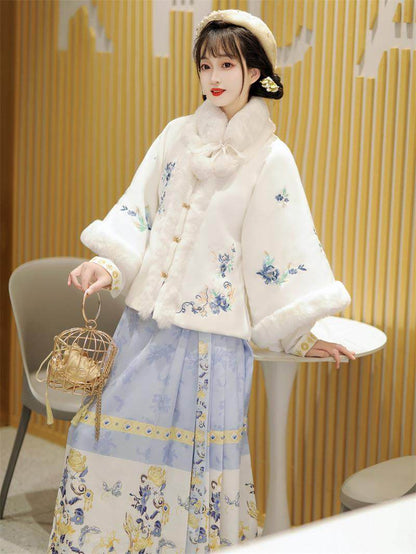 Ming Dynasty Embroidered Fleece Square Collar Jacket & Printed Mamian Skirt | Lanting 兰亭