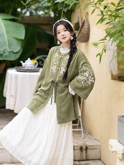 New Chinese Style Mid Length Jacket with Faux Fox Fur Collar - Matsuba Tea 松间茶 (Preorder)