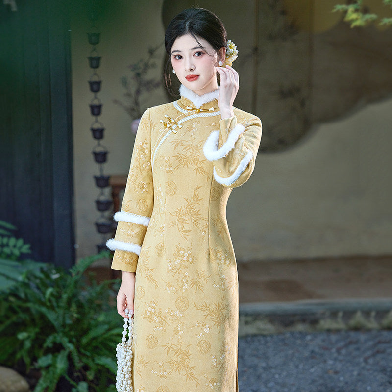 Long Sleeve Fur Trim Antique Gold Floral Qipao | Regal