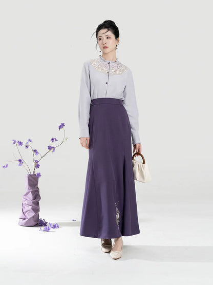 New Chinese Style Women Purple Embroidered Blouse with Fitted Mermaid Skirt - Xianglan 雪香兰 (Preorder)