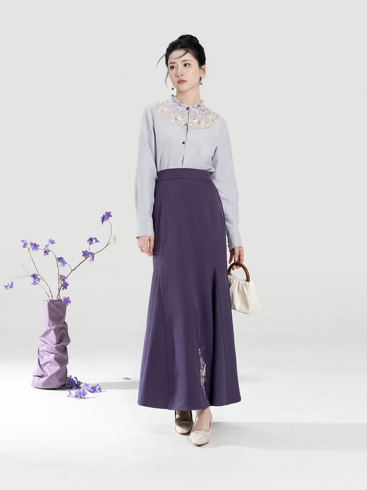 New Chinese Style Women Purple Embroidered Blouse with Fitted Mermaid Skirt - Xianglan 雪香兰 (Preorder)