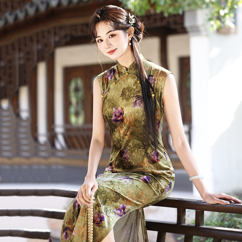 Sleeveless Floral Midi Cheongsam | Olive