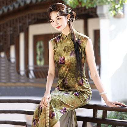 Sleeveless Floral Midi Cheongsam | Olive