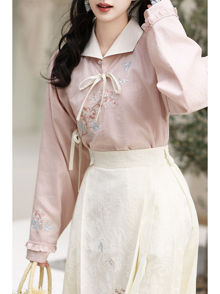 Ming Dynasty Lapel Tencel Short Shirt and Elastic Mamian Skirt - Fish Peony 鱼儿牡丹 (Preorder)