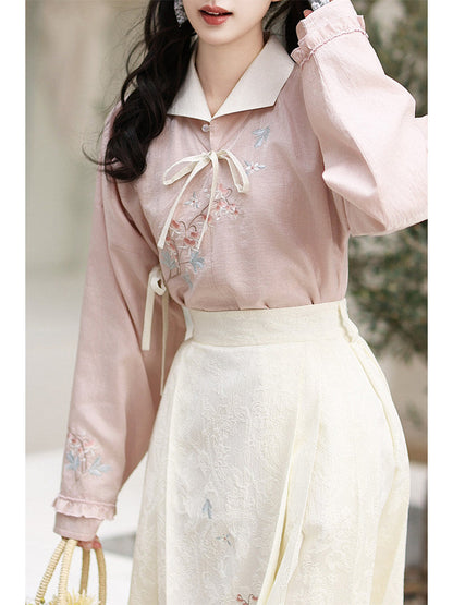 Ming Dynasty Lapel Tencel Short Shirt and Elastic Mamian Skirt - Fish Peony 鱼儿牡丹 (Preorder)