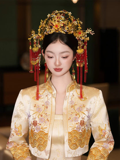 Golden Phoenix Grace - Luxury Phoenix Crown Bridal Headpiece Red Tassel and Gold Flower Chinese Wedding Hair Accessories for Xiuhe Dress