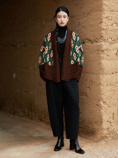New Chinese Style Contrast Color Sweater Jacket - Pine 松棠