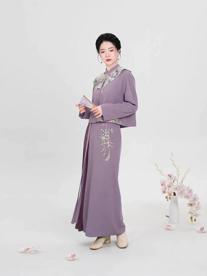 Ming Dynasty Modern Hanfu Long Sleeve Top with Spiral Skirt and Cloud Collar - Falling Wisteria 花落紫藤