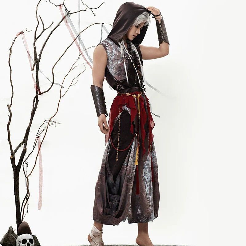 Crimson Feather 赤翎 - Hooded Sleeveless Hanfu Set with Cloak and Pants, Summer Martial Wanderer Outfit (Preorder)