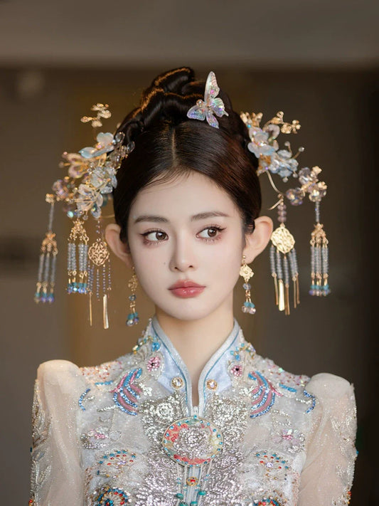 Frosted Orchid Glow - Blue Butterfly Bridal Hairpin Glass Flower Tassel Chinese Wedding Hair Accessories for Xiuhe Dress