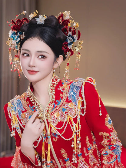 Crown of Crimson Dreams - Red Velvet Bridal Hairband with Tassel Hairpin Classical Chinese Wedding Hair Accessories for Hanfu and Xiuhe Bride
