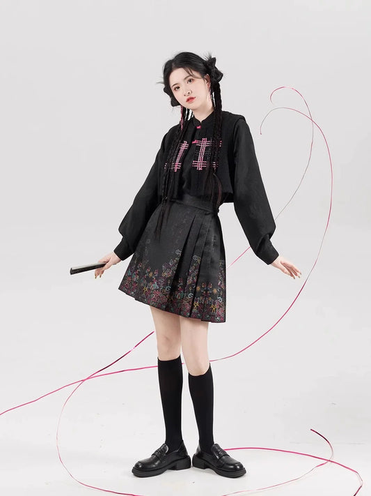Neon Chinese Blouse & Mini Mamian Skirt Outfit - modern Ming-inspired hanfu, front view