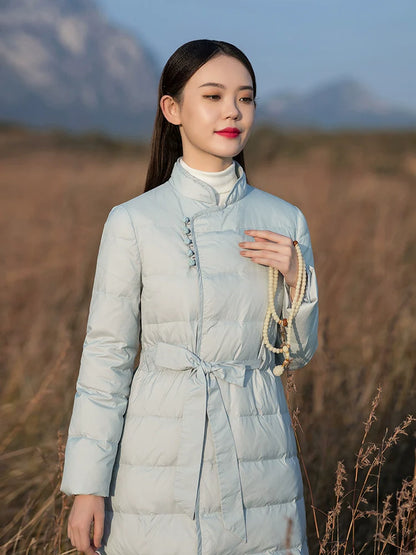 Snowy Dreams 雪中梦 - Long Vintage Chinese Style Down Coat for Women Over-Knee Length, Thickened Winter Tang Suit and Qipao Outerwear