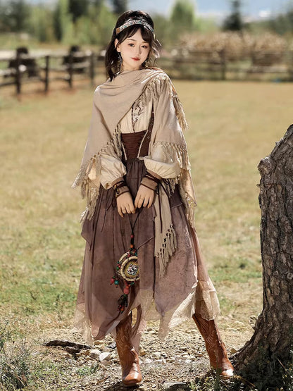 Golden Dunes | Modern Chinese Hanfu Set with Shawl Top and Suspender Dress