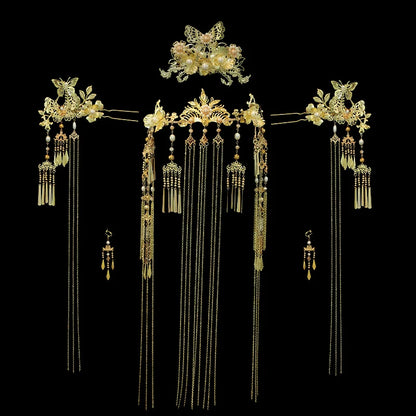 Golden Butterfly - Tassel Bridal Hairpin Traditional Chinese Wedding Headpiece for Xiuhe Dress
