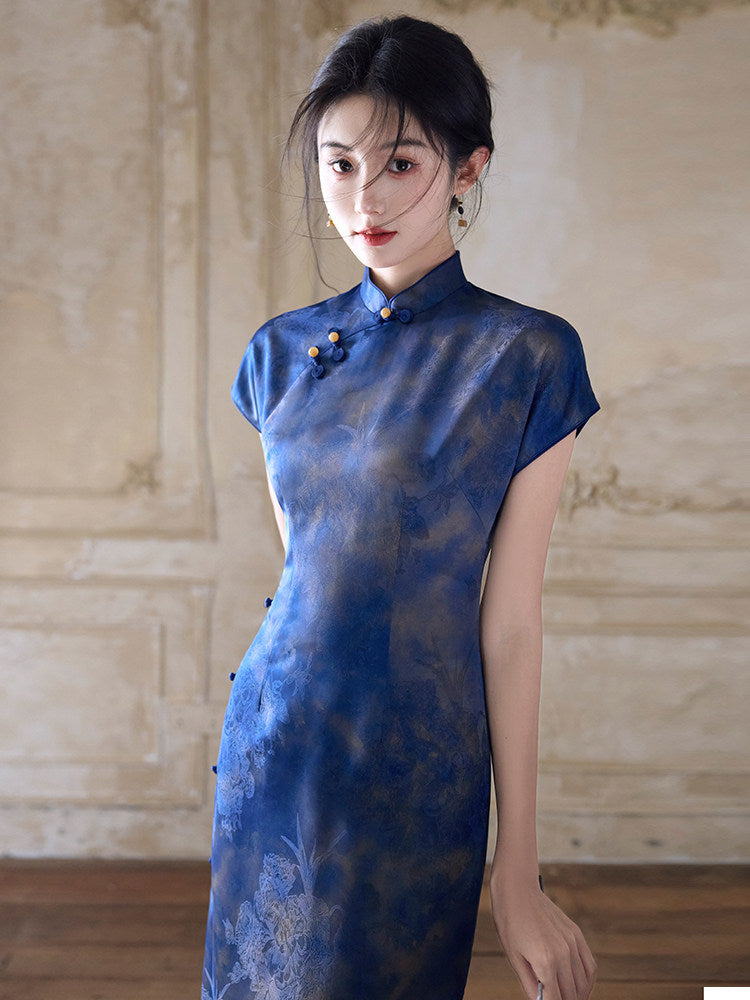 Short Sleeve Midi Cheongsam | Sapphire