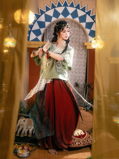 New Chinese Style Dunhuang Summer Blouse and Short Skirt Set - Linglu Sanskrit 菱路梵音