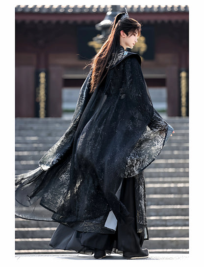 Night Ink Sovereign 夜墨青王 - Unisex Hanfu Cloak Robe in Dark Immortal Style, Song-Inspired Chinese Outfit