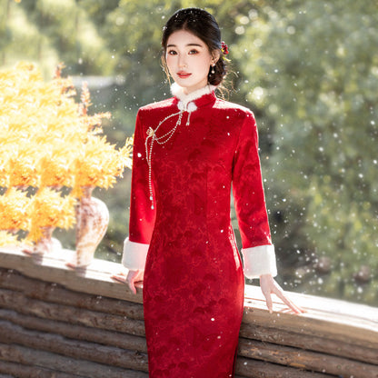 Chinese Wedding Engagement & Tea Ceremony Long Sleeve Cheongsam | Juedai