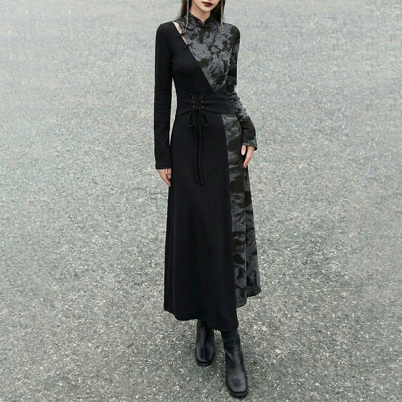 New Chinese Style Black Cotton Long Sleeve Dress (Preorder)