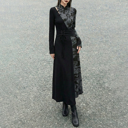 New Chinese Style Black Cotton Long Sleeve Dress (Preorder)