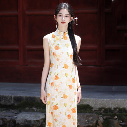 Sleeveless Floral Midi Cheongsam | Orange Blossoms