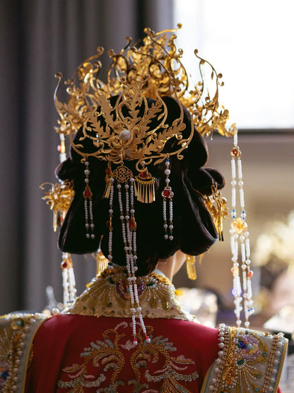 Song of the Golden Phoenix - Crown Bridal Headpiece Long Tassel Chinese Wedding Hair Accessories for Hanfu Bride