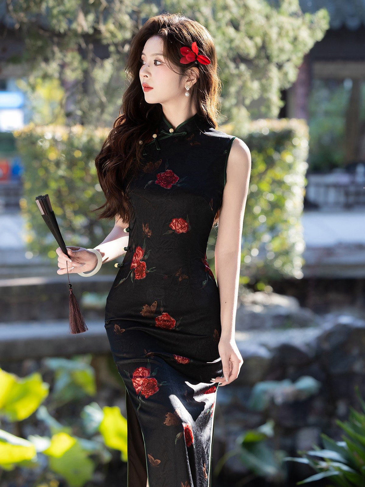 Sleeveless Floral Long Cheongsam | Burgundy Rose