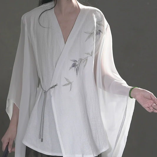 Whispering Bamboo 竹叶 - Unisex Cotton-Linen Cross-Collar Short-Sleeve Hanfu, Summer Zen Casual Chinese Robe (Preorder)
