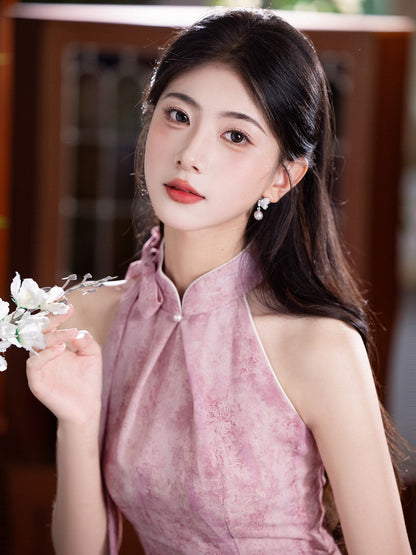 Sleeveless Halter Neck Midi Cheongsam | Ribbons