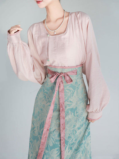 Tang Dynasty Modern Hanfu Round Collar Top and Eight Panel Skirt - Tiffany Glaze 青釉染 (Preorder)