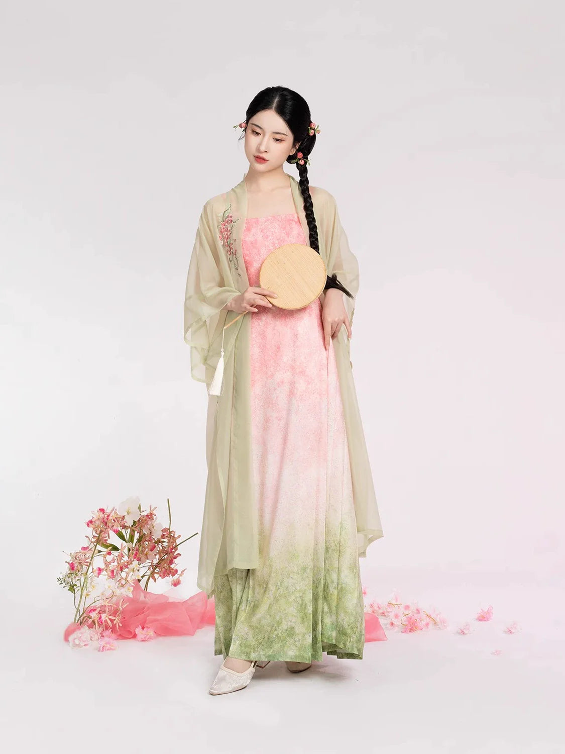 Song Dynasty Modern Hanfu Set with Changgan Temple Beizi and Mamian Slip Dress - Peach Willow Branch 桃柳枝 (Preorder)
