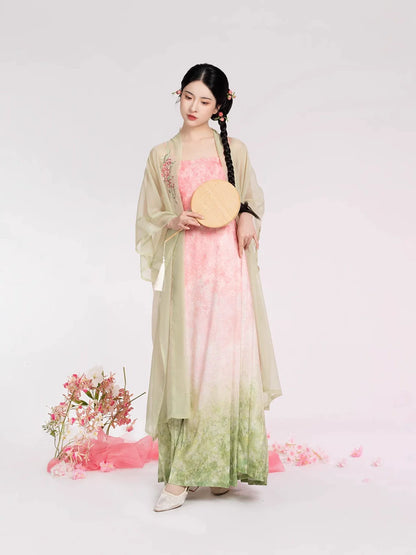 Song Dynasty Modern Hanfu Set with Changgan Temple Beizi and Mamian Slip Dress - Peach Willow Branch 桃柳枝 (Preorder)