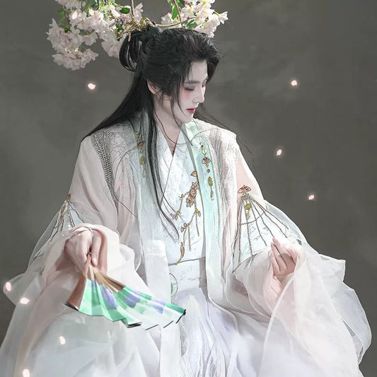 Peach Blossom Veil 桃花扇 - Pink and White Flowing Cross-Collar Hanfu Unisex Traditional Set (Preorder)