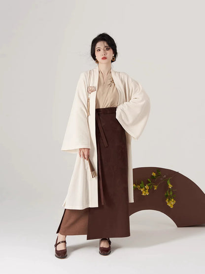 Song Dynasty Modern Hanfu Set with Winged Sleeve Top and Spiral Skirt - Wood Hibiscus 木芙蓉 (Preorder)